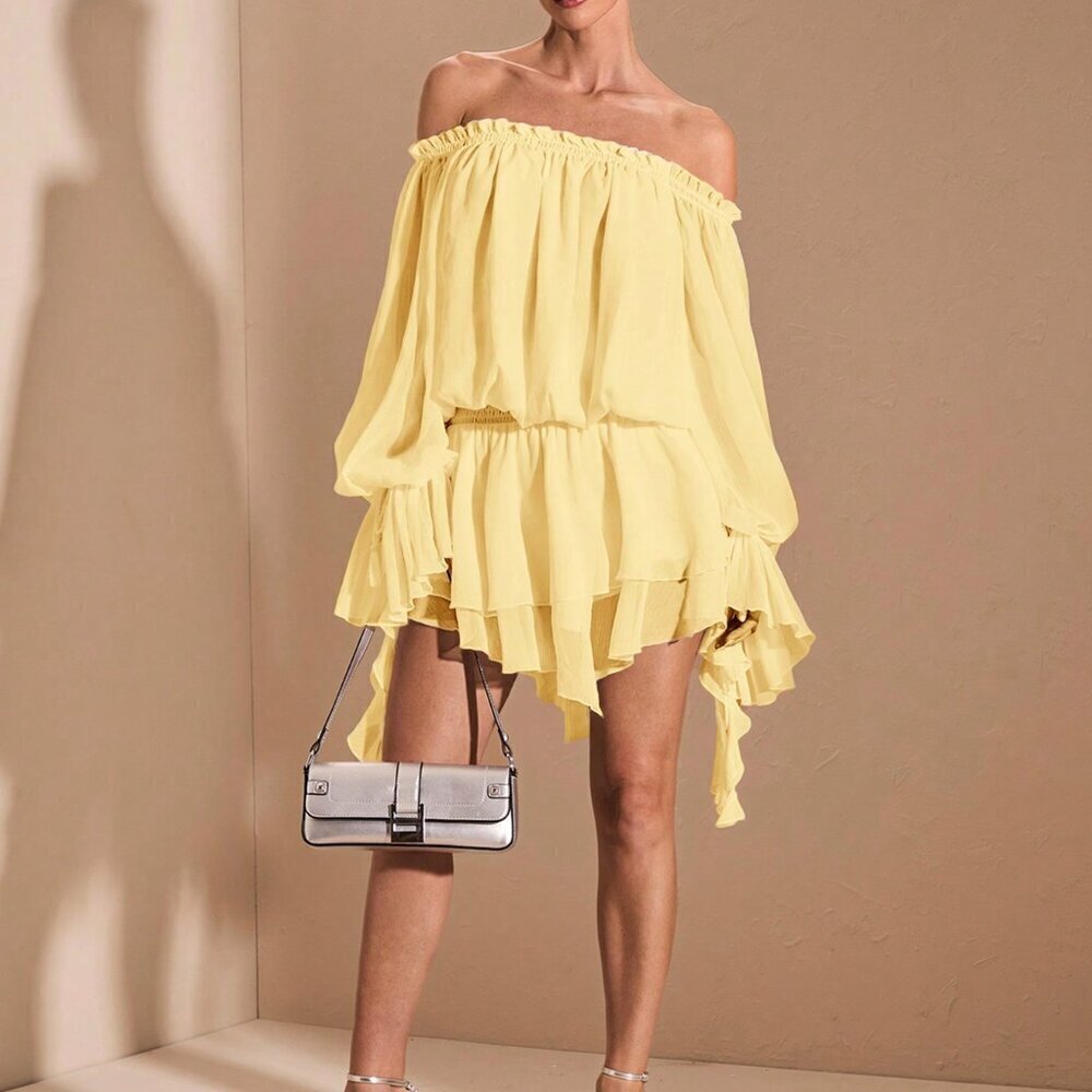 Yellow Boho Women's Elegant French Style Off Shoulder Long Sleeve Shirt Dress - Picture 1 of 9